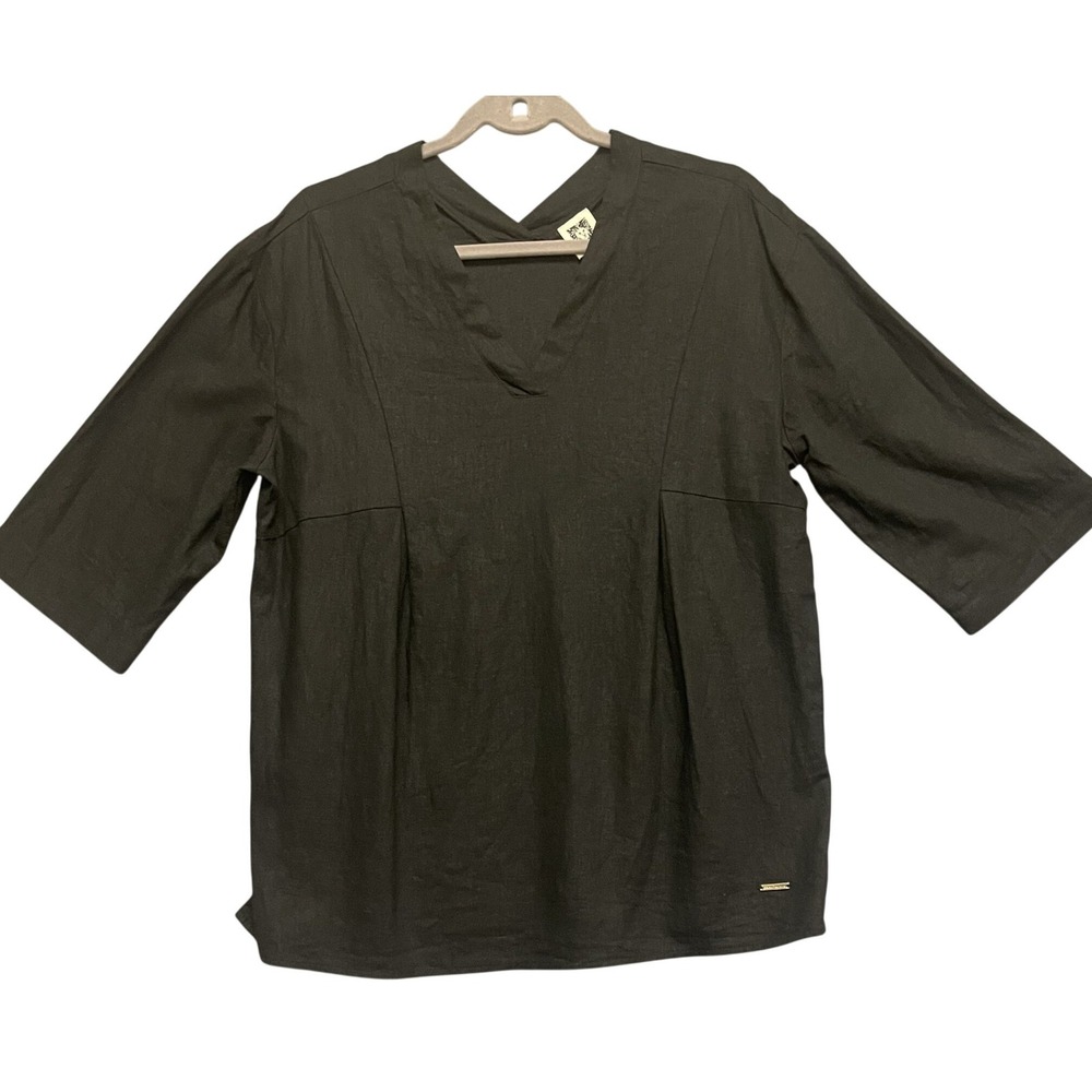 Anne Klein Black Linen Blend V-Neck Blouse 3/4 Sleeve Pleated Front Top Womens M